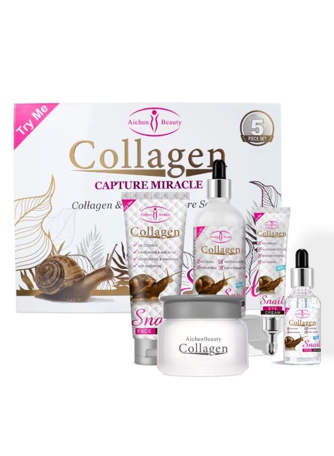 Aichun beauty Collagen & Snail Skin Care Set, Collagen Snail Mucin Skincare Set with Collagen Facial Wash Facial Serum Eye Cream Face Cream & Body Serum, Anti-Aging Moisturizing Whitening Anti-Wrinkle